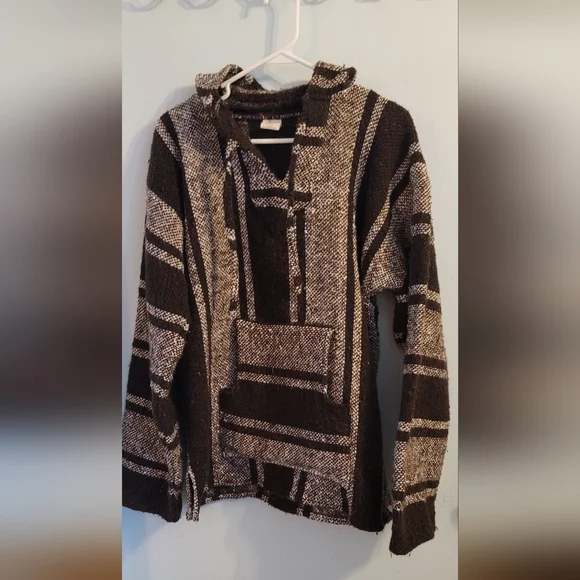 Mexican Baja Poncho Hippie Hoodie Surfer Skater Rag Large Long Sleeves Hood - Picture 3 of 8